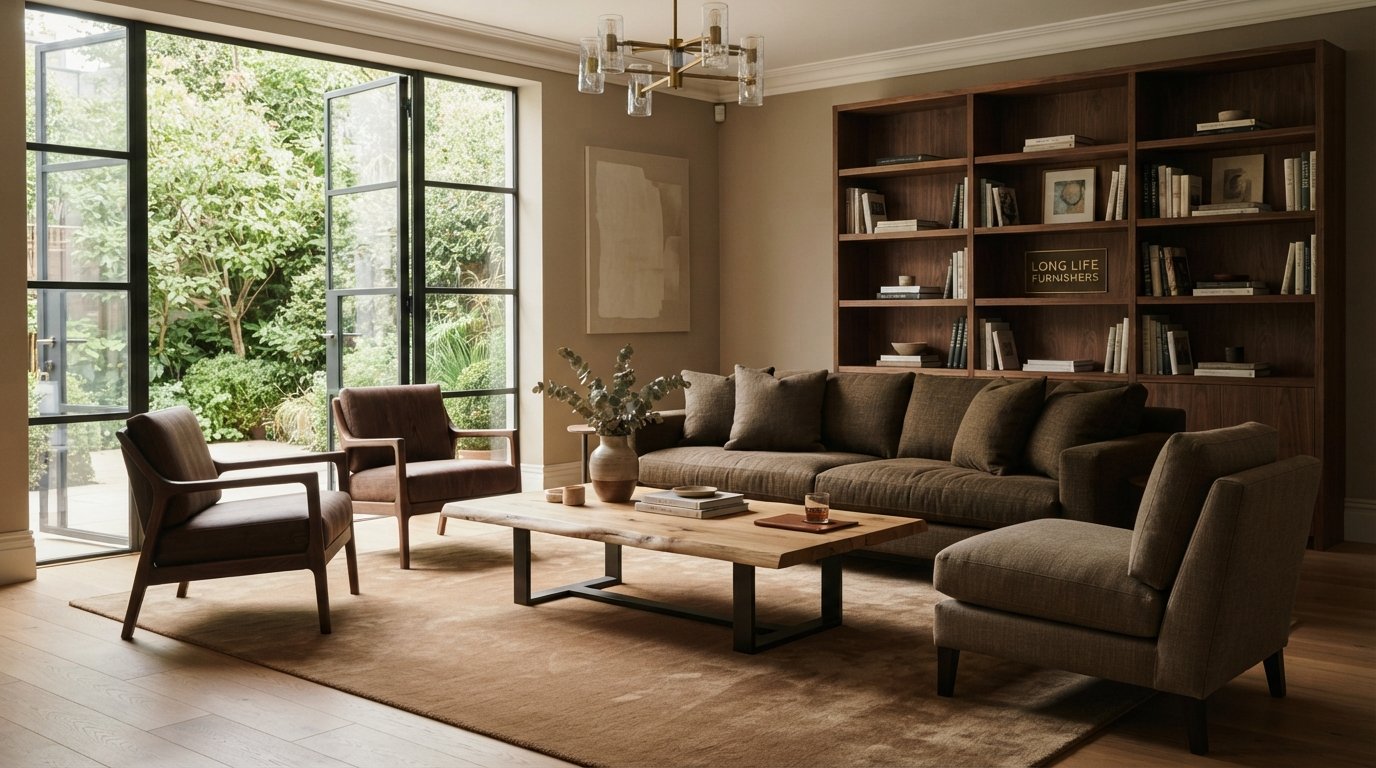 Living room with a sofa, armchairs and a wooden coffee table